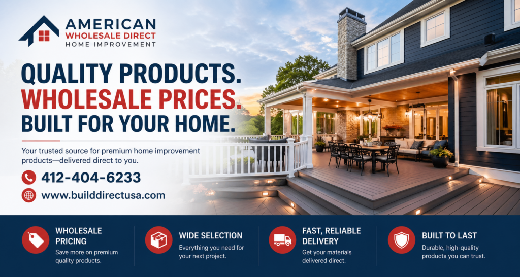 Hero image for American Wholesale Direct Home Improvement showing luxury home exterior with composite deck, roofing, windows and bold message promoting wholesale pricing and professional installation.